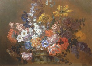 Naturaleza Muerta de Flores en una Cesta sobre un Alféizar